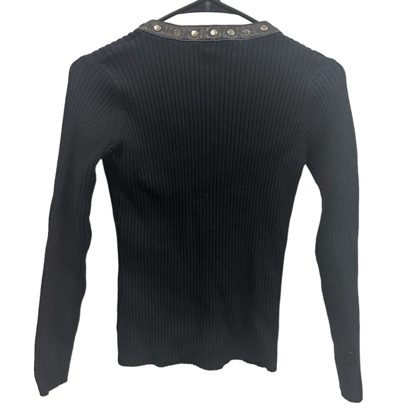 One Girl Who Black Genuine Leather Trim Ribbed Snap Button Up Cardigan Top Small - Picture 7 of 11